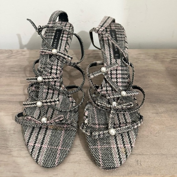 ZARA Fashion Checked Purple Black Pearl Heels size 40 bows preppy 9.5 - Picture 3 of 8